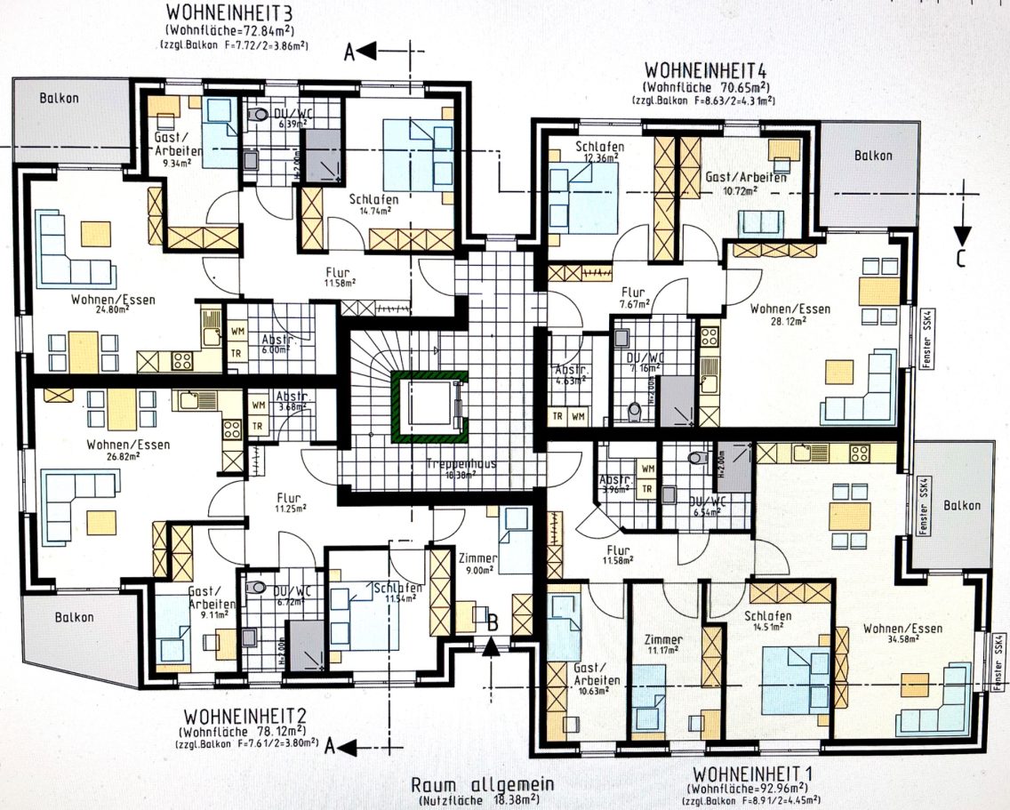 1. Obergeschoss mit 4 Wohneinheiten